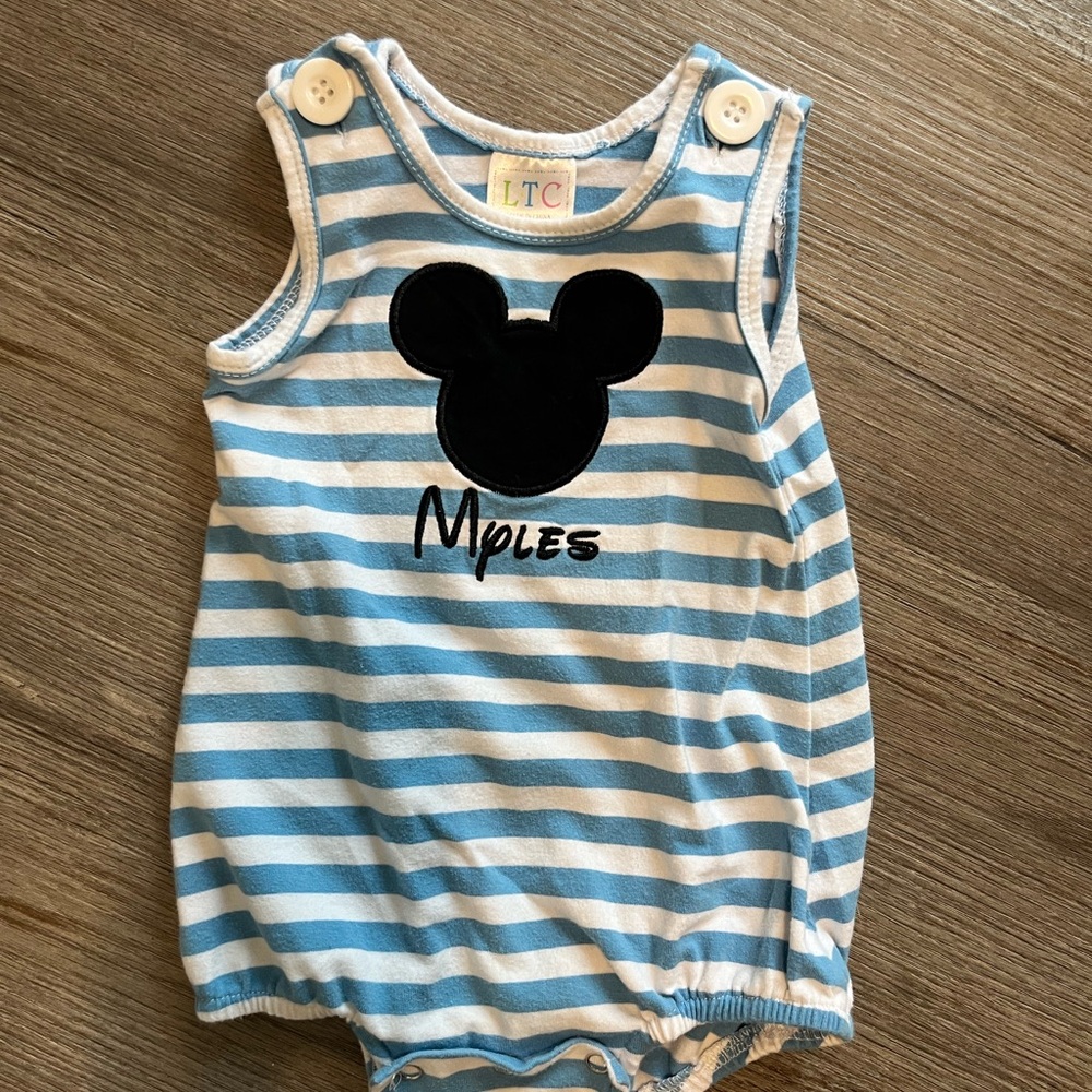 LTC Mickey Blue and White Striped Kids One Piece with Myles embroidered